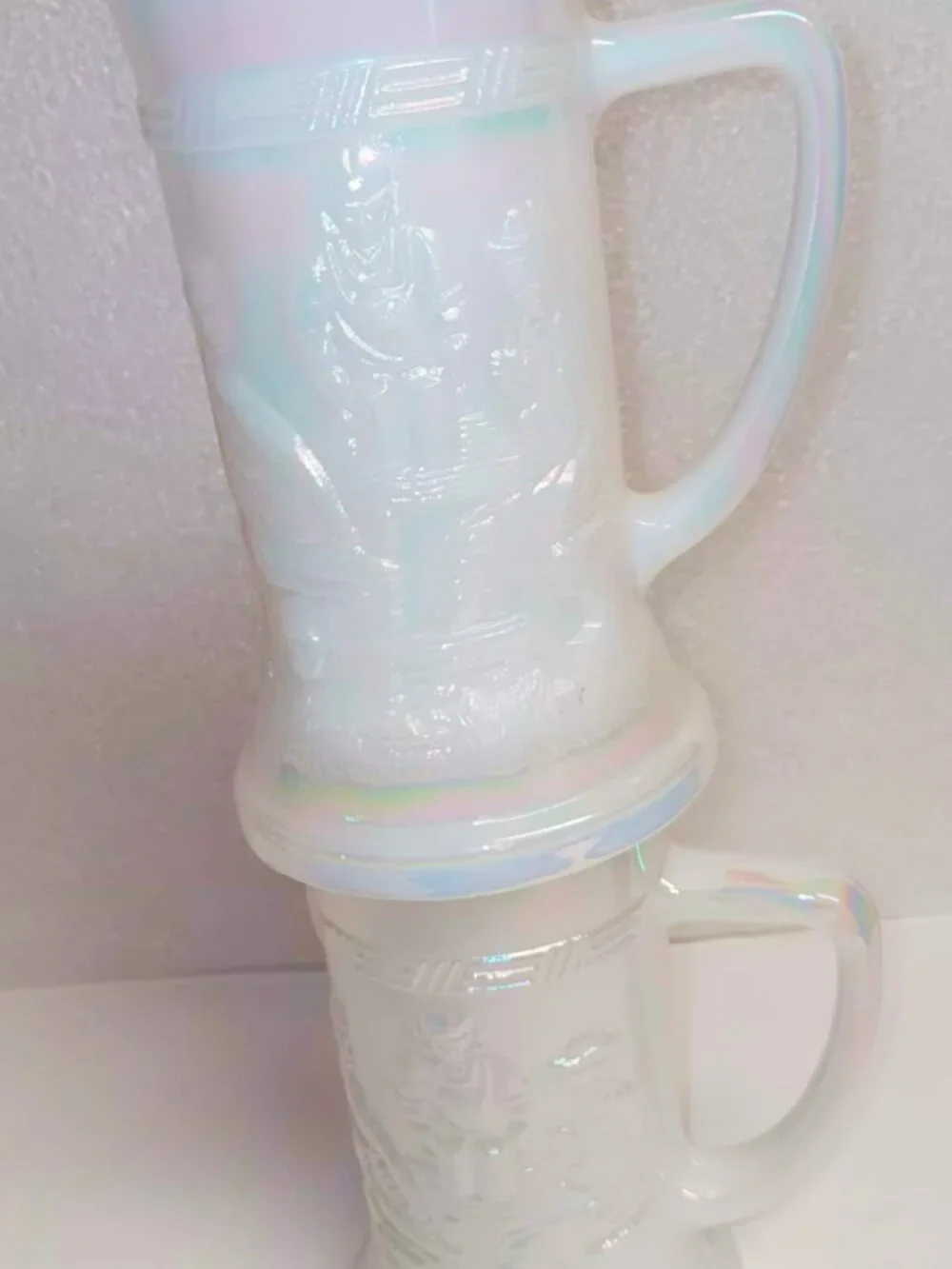 Vintage Aurora Pearl, Federal Glass set of two milk glass steins.